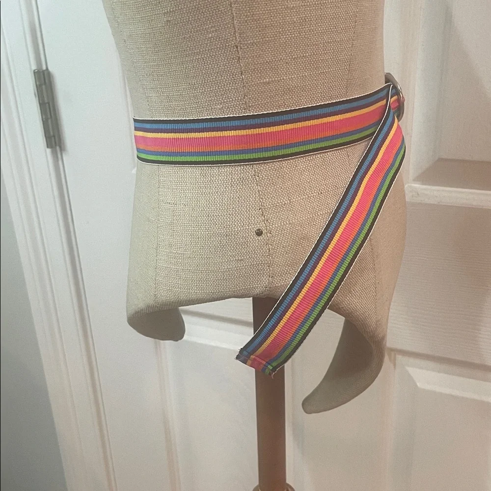 Vintage Rainbow Striped multicolored adjustable Belt Double D Ring Buckle womens